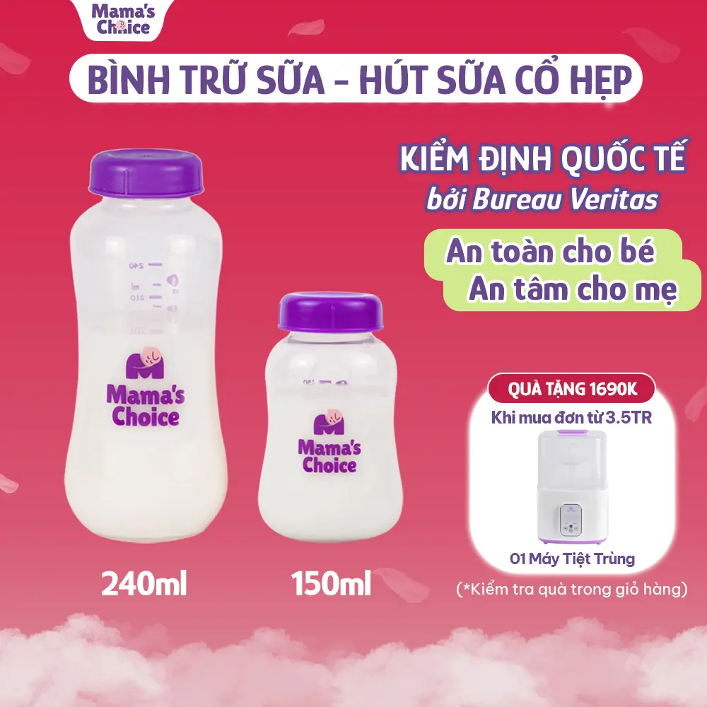 Bình Trữ Sữa Cổ Hẹp Mama's Choice 150ml–240ml, Bình Đựng Sữa Tương Thích Máy Hút Sữa Medela, Unimom, Real Bubee, Ameda Đựng Sữa Bột