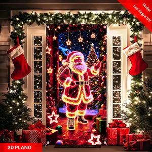 Cubierta para puerta navideña, Banderín de fiesta, Brilla en la oscuridad con Santa Claus, Decoraciones Navideñas, Banner colgante de Poliéster para Puerta Principal Porche para Decoración de Vacaciones Interior Exterior