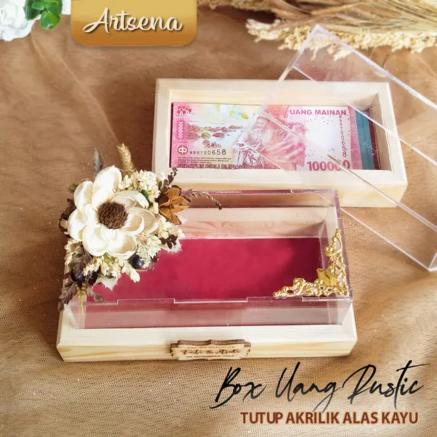 Box Mahar Uang Seserahan desain Rustic Tutup Akrilik Bisa Pakai Nama Mempelai / Kotak Mahar Bunga Rustic Gold 7