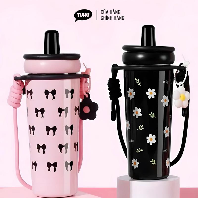 Ly giữ nhiệt DAISY 720ml có ống hút bình giữ nhiệt inox 316 cao cấp có lót gốm - TUHUHOUSE