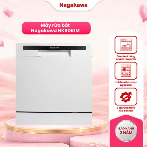 Máy Rửa Chén Bát 8 Bộ Nagakawa NK8D61M – Công Suất 2000W – 6 Chương Trình Rửa Tiện Ích, Độ Ồn Thấp, Vận Hành Êm Ái – Made in Malaysia – Bảo Hành 2 Năm