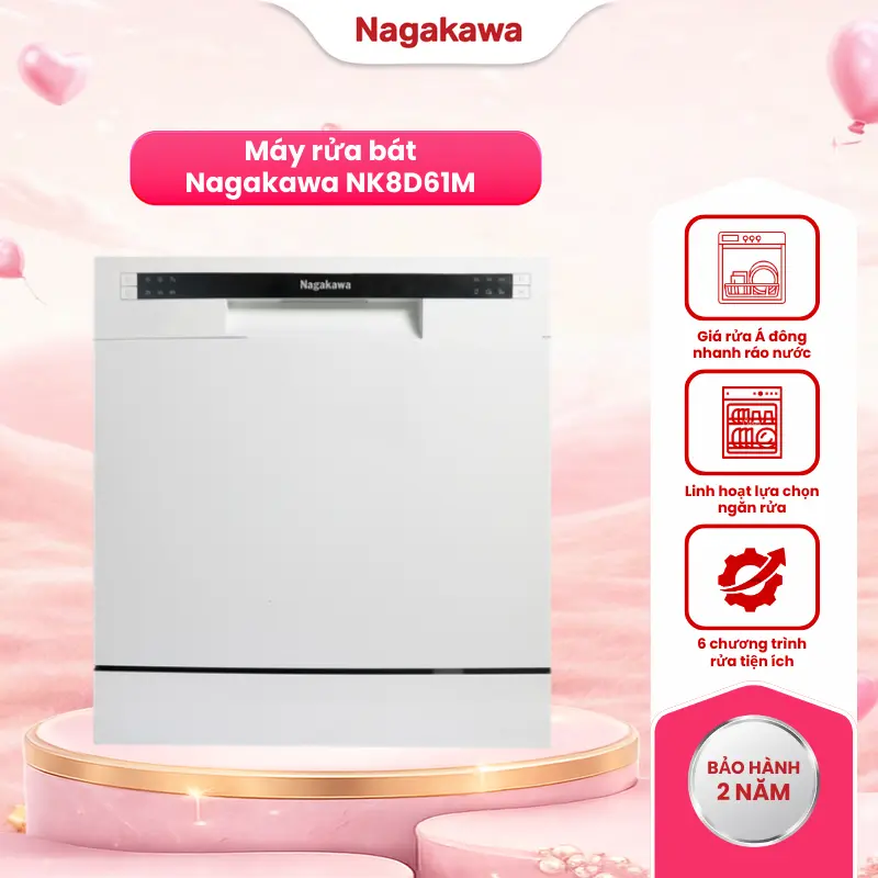 Máy Rửa Chén Bát 8 Bộ Nagakawa NK8D61M – Công Suất 2000W – 6 Chương Trình Rửa Tiện Ích, Độ Ồn Thấp, Vận Hành Êm Ái – Made in Malaysia – Bảo Hành 2 Năm