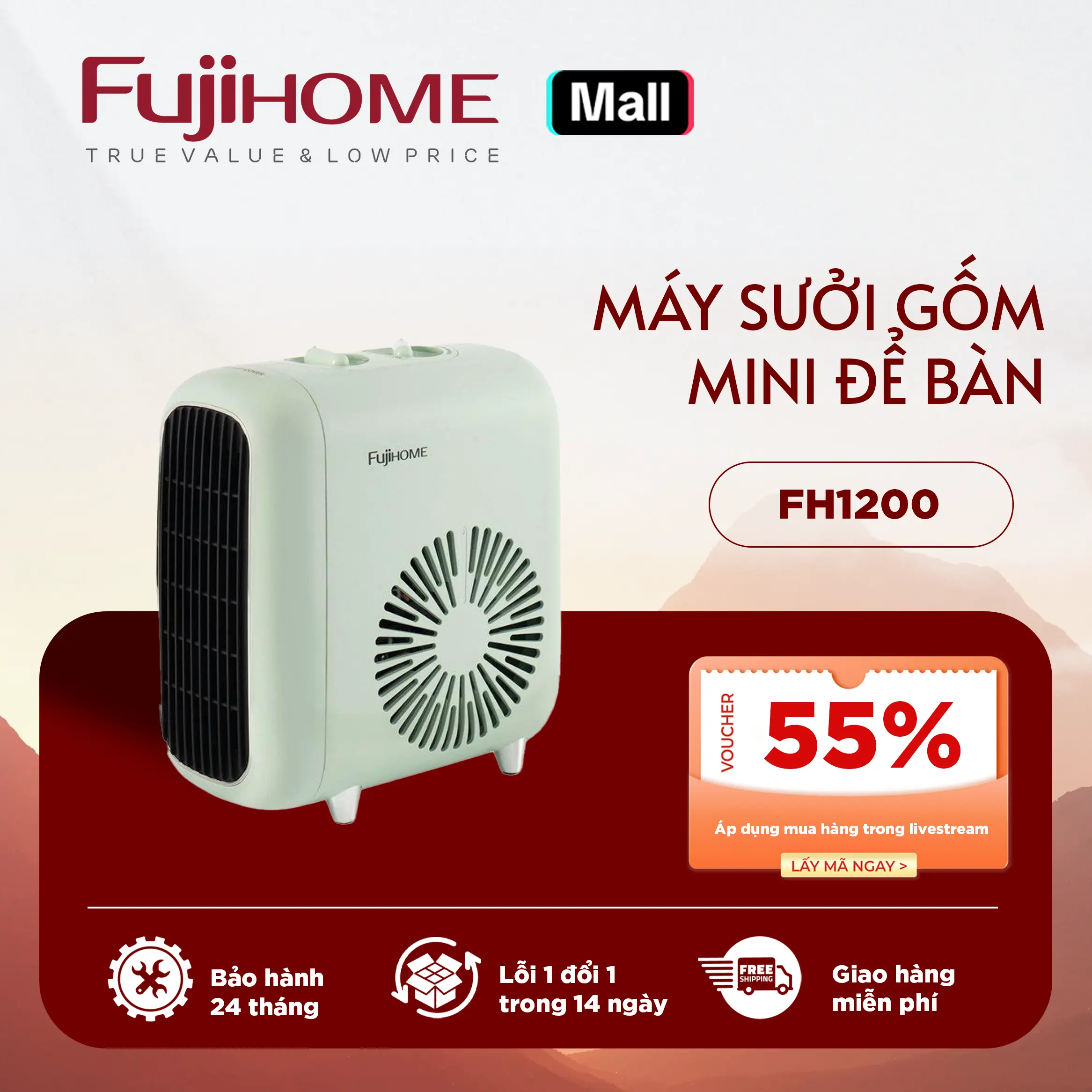 Máy sưởi gốm FH1200 nhập khẩu Nhật Bản không khô da FUJIHOME tiết kiệm điện, quạt sưởi mini chính hãng không đốt oxi Sưởi Ấm