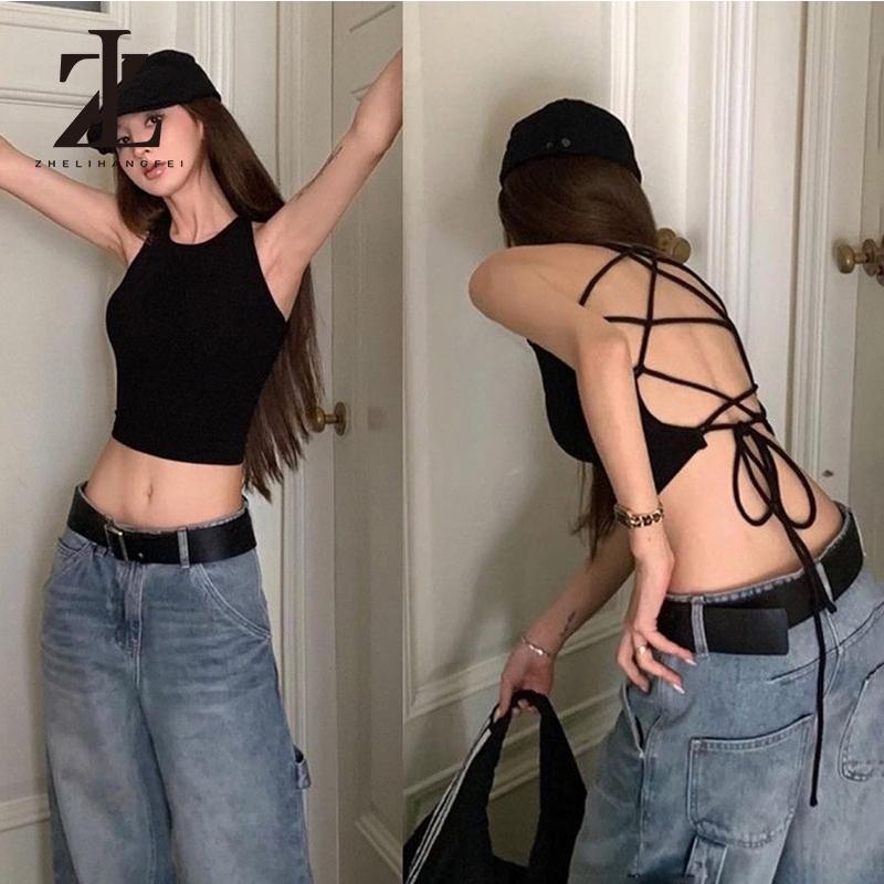 Áo tank top Cổ Yếm Chữ u Hở Lưng Phối Ren Màu Trơn Thời Trang 2024 Cho Bạn Gái