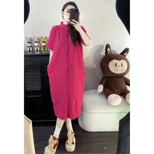 Đầm sơ mi nữ - váy suông nữ cổ cao cúc cài túi ngực vải đũi gân cao cấp Dress Đen Women Voan 4
