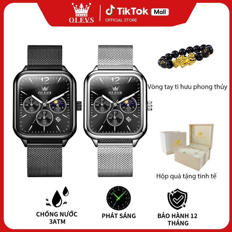 【NEW Đồng Hồ Nam chính hãng cao cấp 【OLEVS 9914 Đồng hồ dây lưới thời trang phong cách Đá Thạch Anh Phát Sáng Dạ Quang Mặt Vuông Thể Thao Chống Nước 3ATM SIZE 37MM