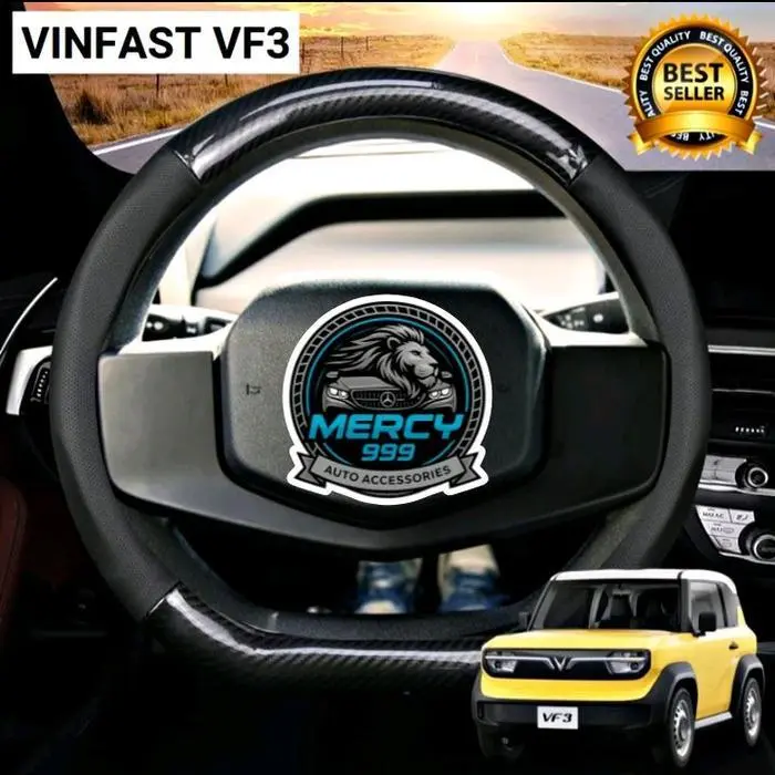 VINFAST VF3 2025 2026 Sarung Setir Mobil Serat Karbon Kulit Premium Bentuk D - Hitam Coklat Kayu - Hitam Coklat Kayu
