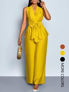 Conjunto de verano para mujer de 2 piezas: camisa sin mangas con cinturón y pantalones de pierna ancha. Ajuste relajado, ideal para clima cálido, cómodo para estar en casa.
