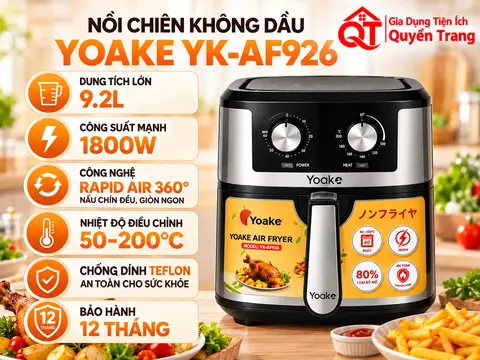 Nồi chiên không dầu 9.2L YOAKE YK-AF926, Điều khiển cơ, Giỏ chiên chống dính, Công suất 1800W, hàng chính hãng, bảo hành 12 tháng