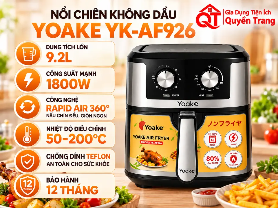 Nồi chiên không dầu 9.2L YOAKE YK-AF926, Điều khiển cơ, Giỏ chiên chống dính, Công suất 1800W, hàng chính hãng, bảo hành 12 tháng