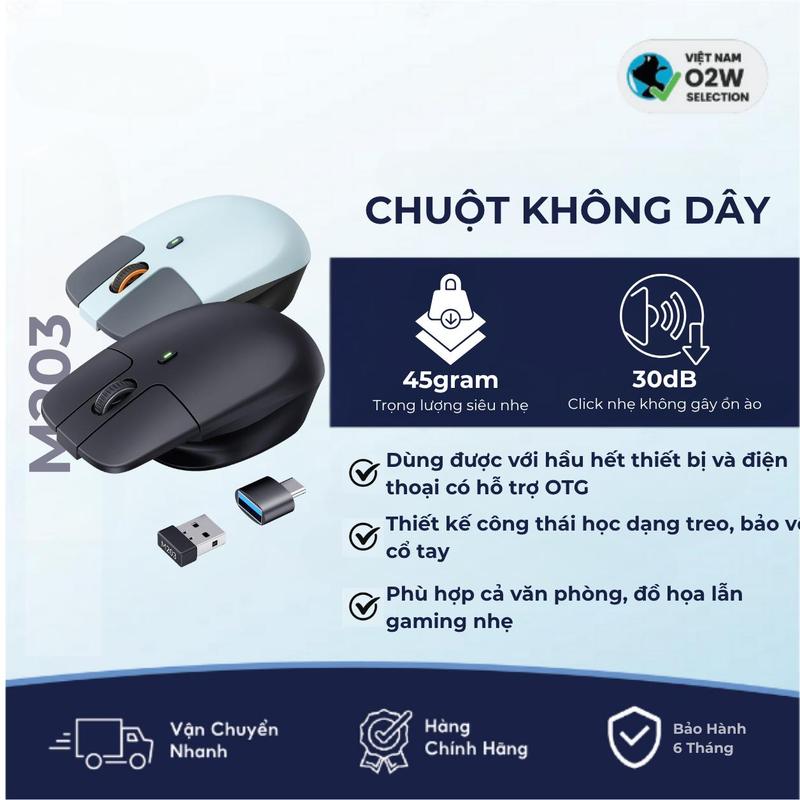 Chuột không dây công thái học M203, sạc Type-C, thiết kế dạng treo