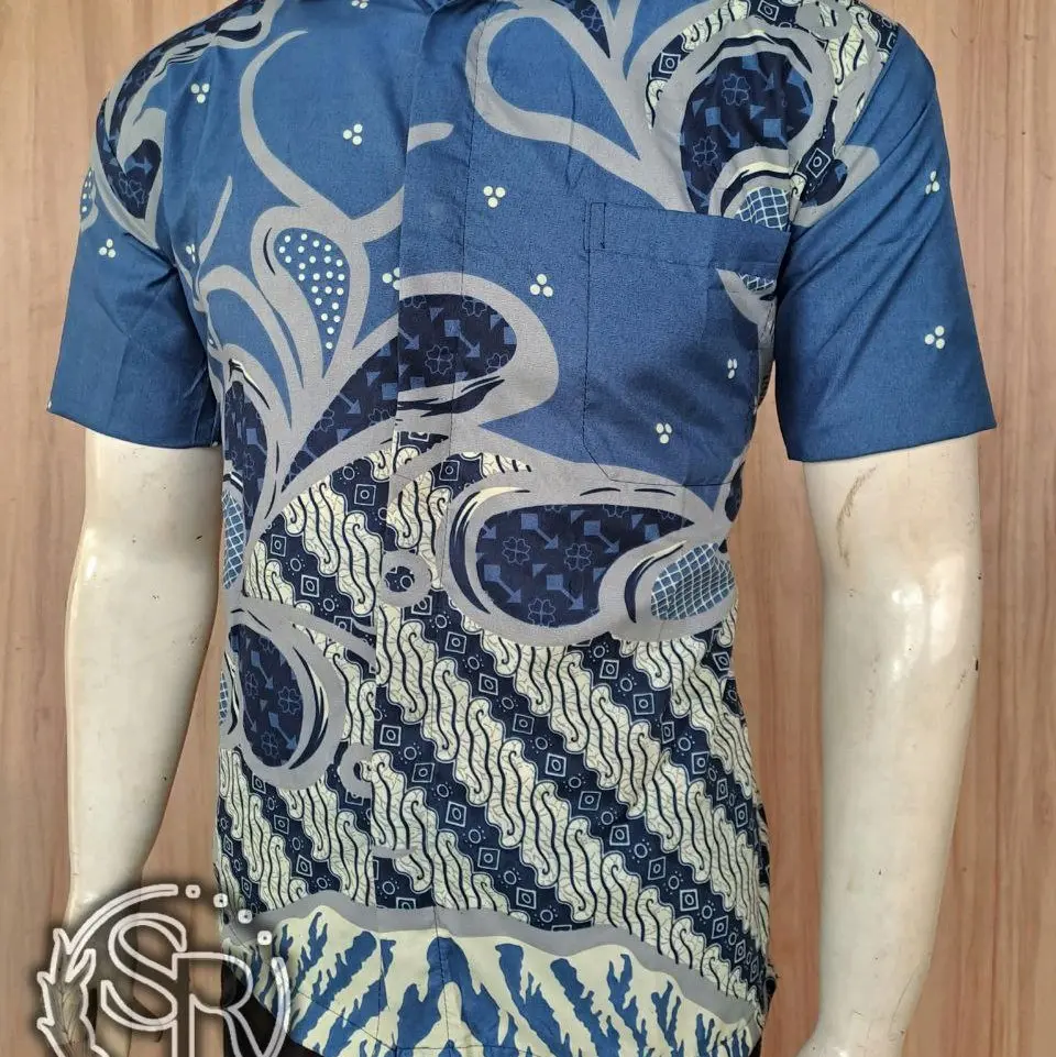 Kemeja Pendek Batik Gie Modern Slim Fit Kasual Formal Lembut Katun Trends Elegan Baju Kain Santai Pria Nyaman Motif Keren Biru Tangan Denim Navy