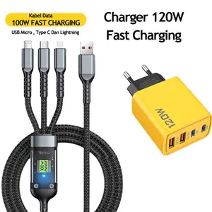 Sankeshu Charger 120W Super Charging 6A Kabel Tiga Dalam Satu 100W Micro USB C-Type Fast Charger & Kabel Data untuk Android Huawei IP Ponsel Aksesoris Handphone