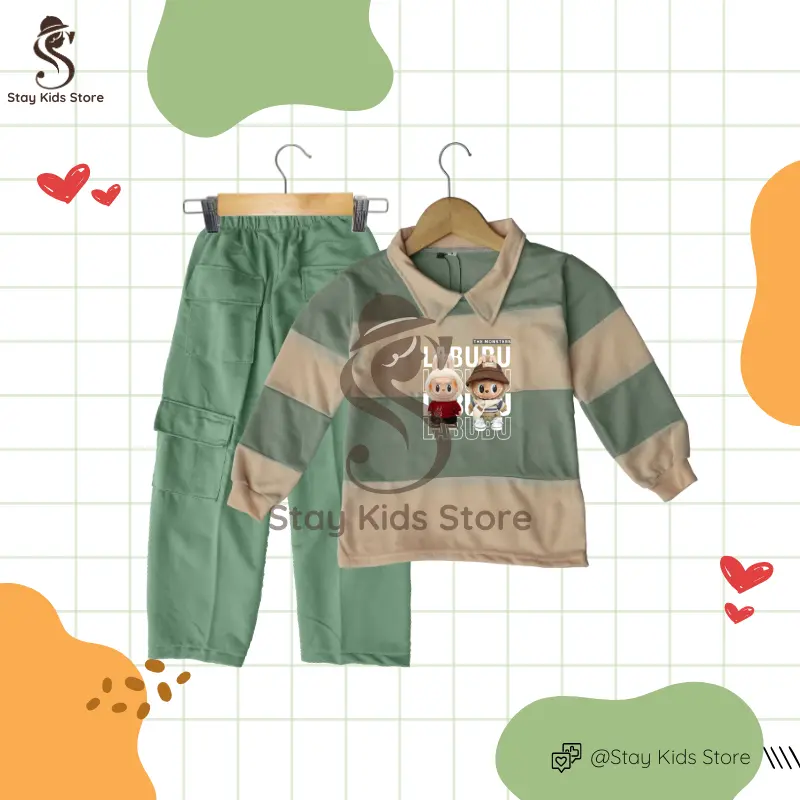 Stelan Anak Perempuan labubu viral 2025| Baju anak kekinian 3-12 tahun | kaos salur berkerah lengan panjang, Celana Motif Kargo crop one set | Pakaian lucu motif bergaris fasionable, santai dan nyaman, otfit labubu celana cargo modis | Fashion anak trendy