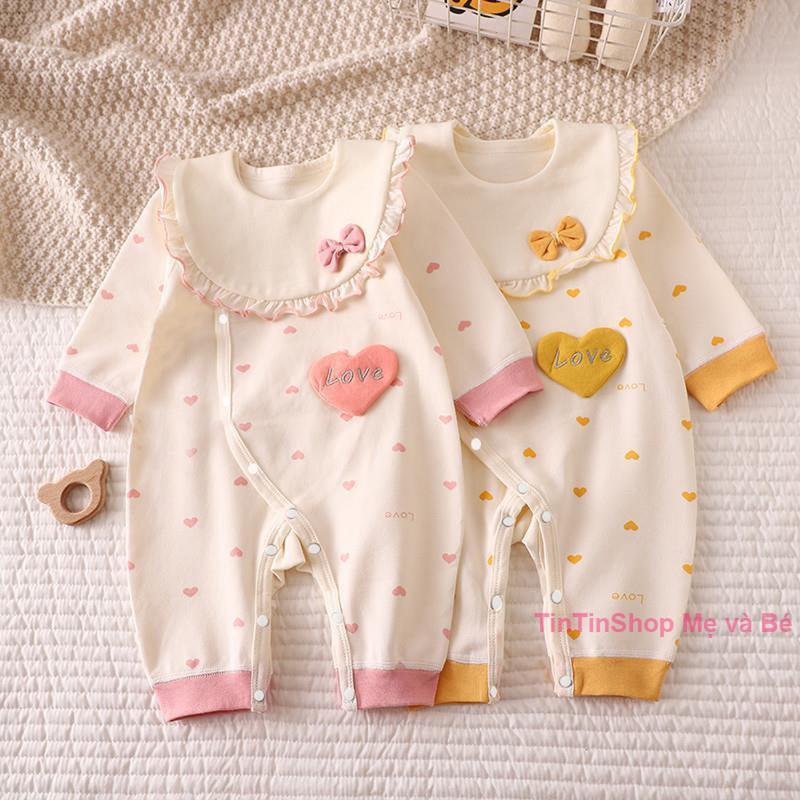 Bodysuit kèm yếm cho bé gái từ 0-12 tháng vải thun cotton Body dài tay thu đông bé gái Áo liền quần trẻ sơ sinh SLT191