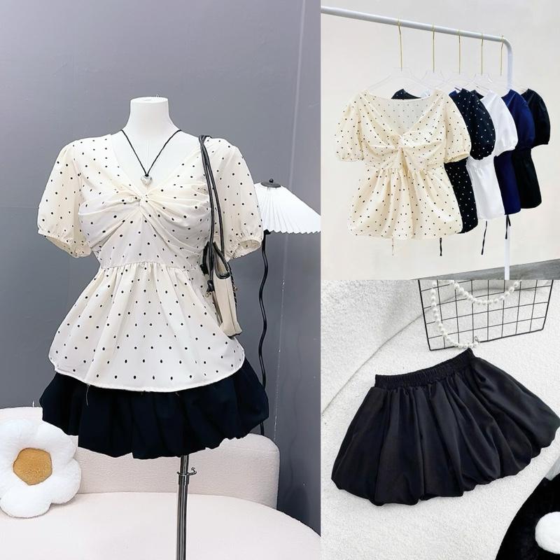 Set Bigsize Nữ (CÓ LẺ ÁO, VÁY) Set Bigsize Bao Gồm Áo Babydoll Tay Bồng Dễ Thương Mix Váy Bí (55-92Kg) A289 CV413