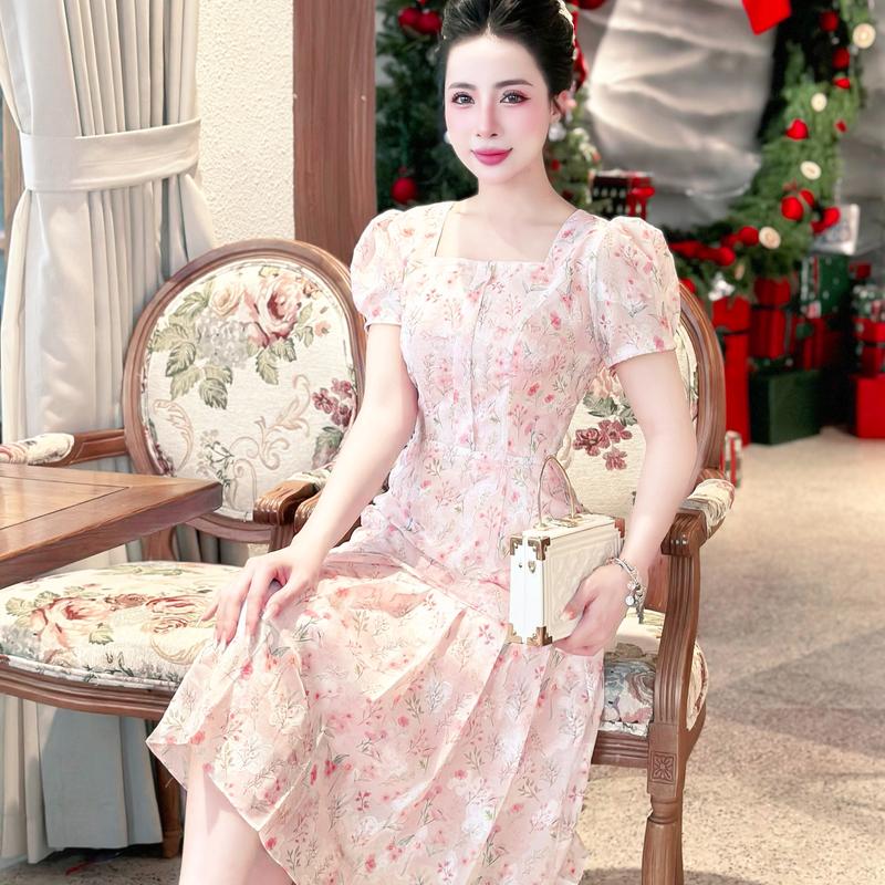  Váy hoa hồng dự tiệc sang trọng cổ vuông dáng xòe tay ngắn đẹp thanh lịch thiết kế cao cấp công sở đi tiệc đi chơi eo tôn dáng Lux W Fashion 