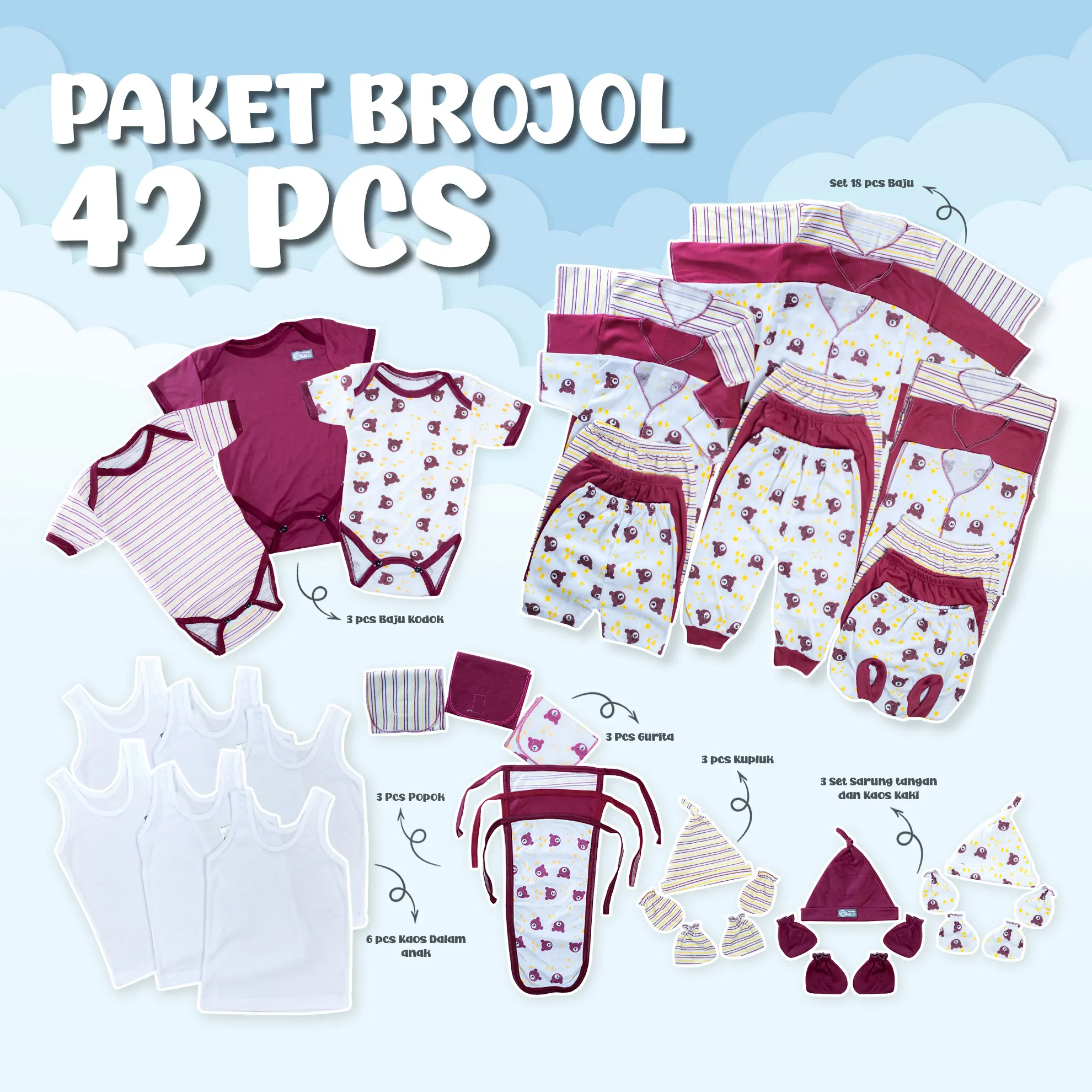 Paket Lahiran Lengkap Latosca – Paket 42 pcs baju bayi FREE 6pcs Singlet bayi bahan katun lembut Lengkap Kado Lahiran  Parsel Sarung Paket Brojol