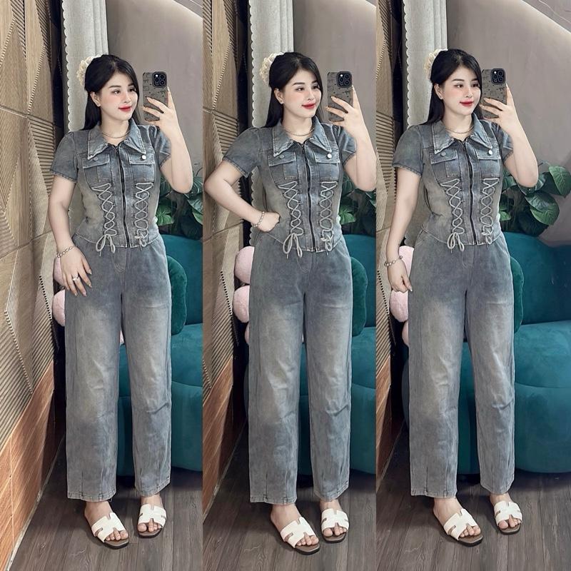 V1 <88cm (46- 57kg)Bộ Jean (ko giãn) Áo tay bo thun gài nút vạt nhúng bèo, quần jean lưng thun baggy Top Women Nữ
