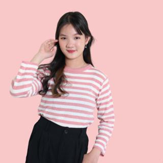 Atasan 0blong Salur Wanita Kaos O-neck Knit Rajut Style Korea Baju Fit 4