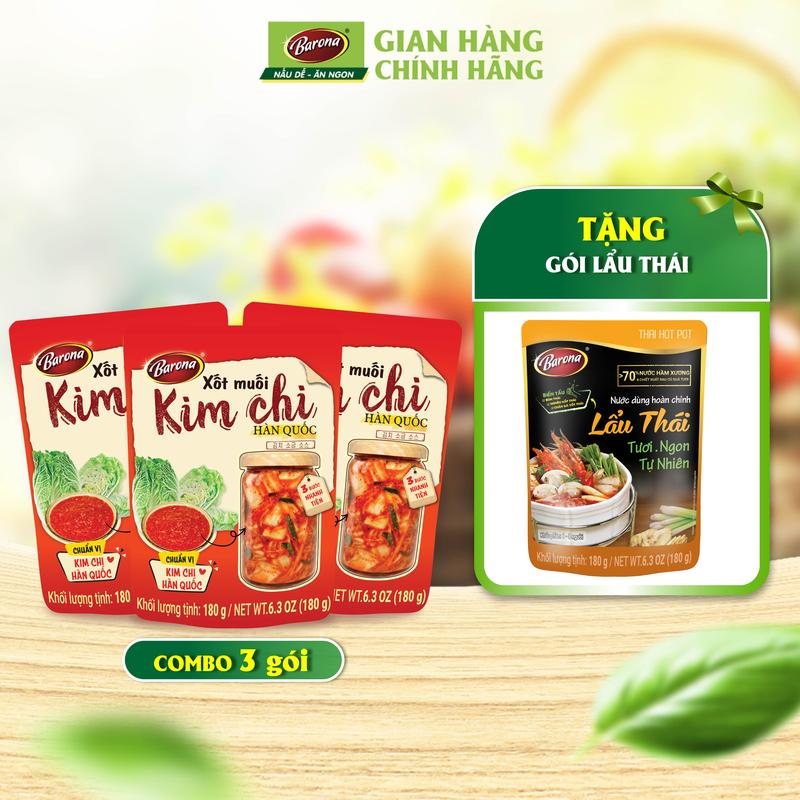  Combo 3 Gia Vị Xốt Muối Kim Chi Hàn Quốc Barona 180g  Tặng 1 gói Nước Dùng Lẩu Thái Barona 180g  