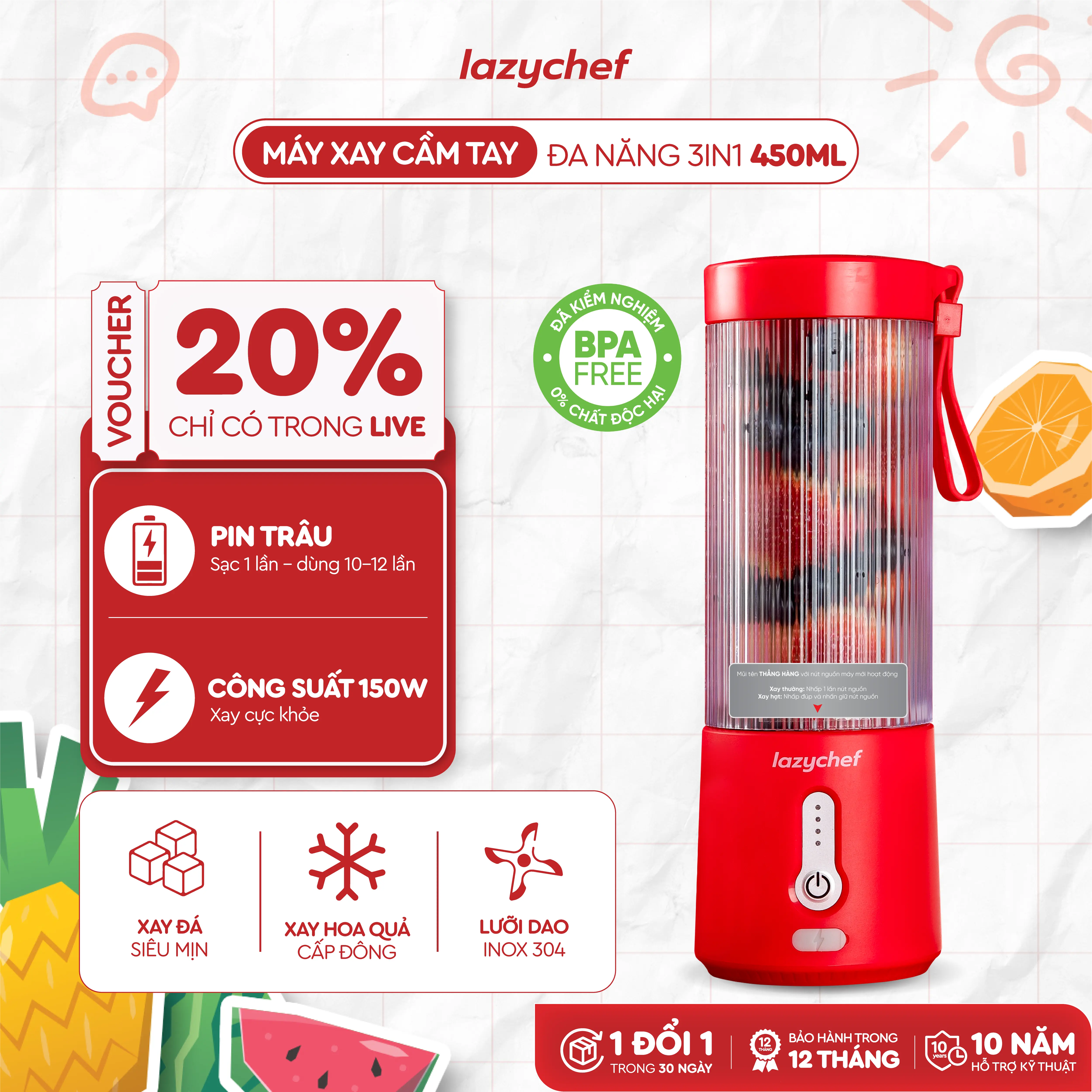 Máy Xay Sinh Tố Bỏ Túi Lazychef 3IN1 - Máy Xay Đa Năng, Máy Xay Mini, Máy Xay Trái Cây 450ml máy xay, Quà tặng hấp dẫn