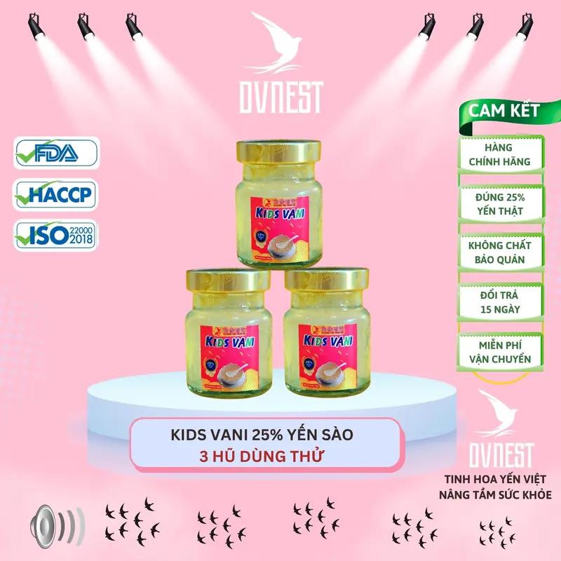 Tổ Yến Chưng Kids Vani 25% Yến Sào Thật {3 Hũ Dùng Thử x 70ml}, Có Thêm Tổ Yến Chưng Đông Trùng Hạ Thảo, Tổ Yến Chưng Đường Phèn, Tổ Yến Chưng Đường Kiêng, Yến Hũ Chưng Tiệt Trùng Mở Nắp Sử Dụng Ngay, Sản Phẩm Của Công Ty Yến Sào Đại Việt - DVNEST 0