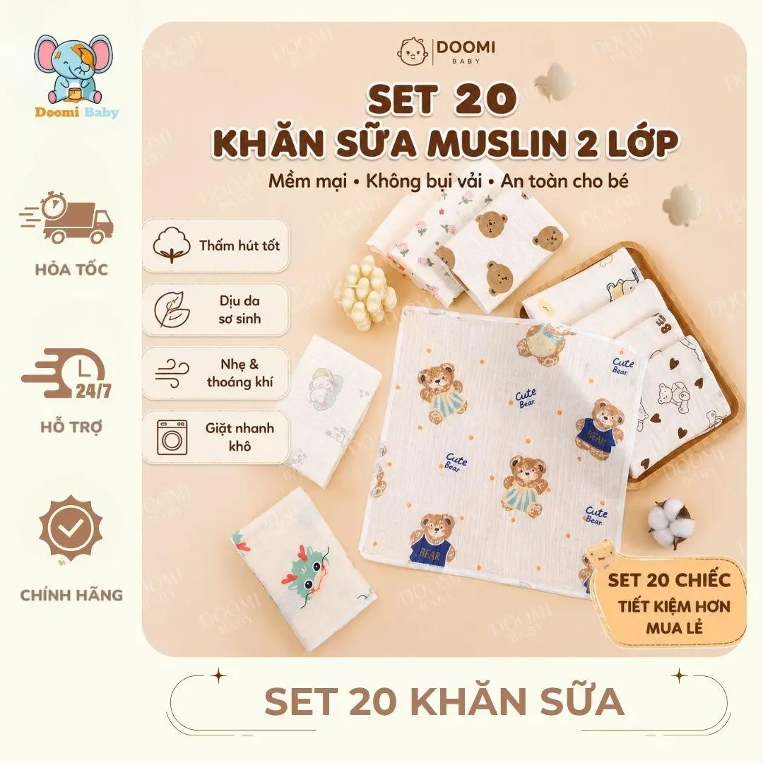 Khăn Sữa Vải Muslin 2 Lớp Cao Cấp Cho Bé Chính Hãng Doomi Baby - HT828 - HT635