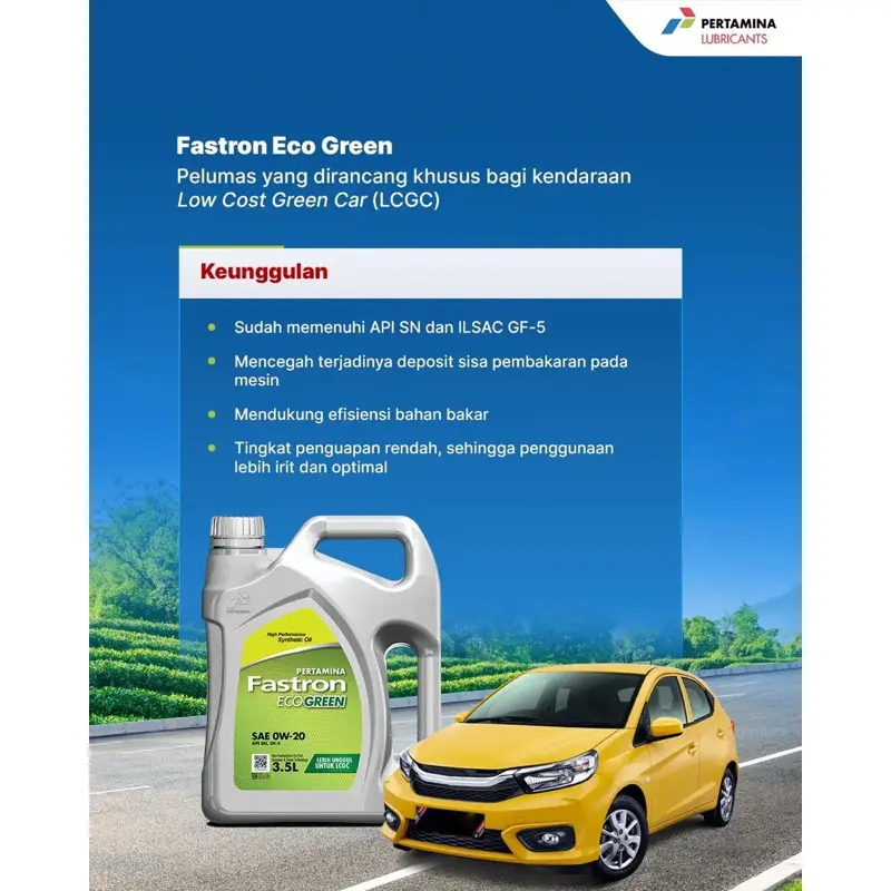 Oli Fastron EcoGreen SAE 0W-20 3,5 Liter - Pelumas Mesin Bensin Terbaru dengan Teknologi Synthetic untuk Mobil LCGC 5