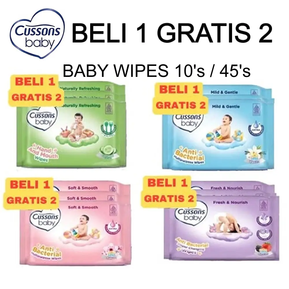 [BUY 1 FREE 2] Cussons Baby Wipes Wet Tissue 10's / 45's - Paket 3 Pack Tisu Pembersih Serbaguna Tisu Basah Bayi Lembut Anti Bakteri dan Non Alcohol