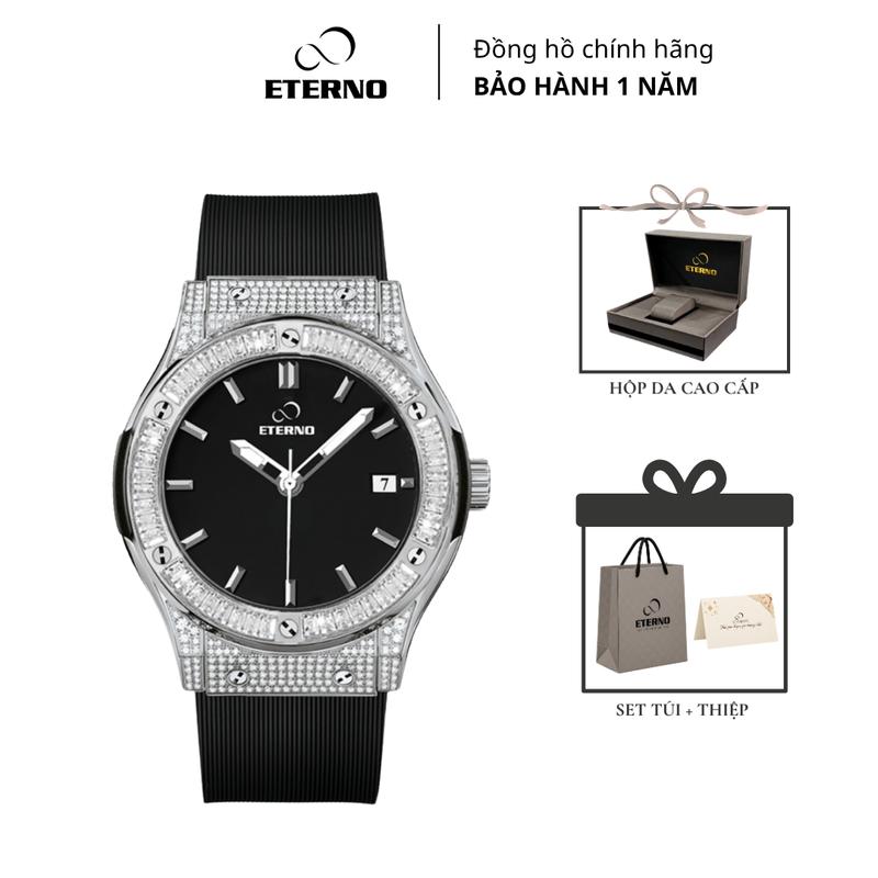 Đồng Hồ Nam ETERNO E24-0033 Dây Cao Su Đen, Viền Đính Đá Khối Sang Trọng