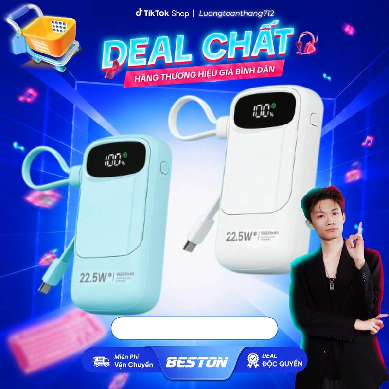BESTON x Luongtoanthang712 – pin dự phòng chính hãng 10.000 mAh/20.000 mAh, sạc nhanh 22,5 W, tích hợp dây cáp, có thể mang lên máy bay, nhiều màu sắc, dùng cho điện thoại, iPad và tai nghe