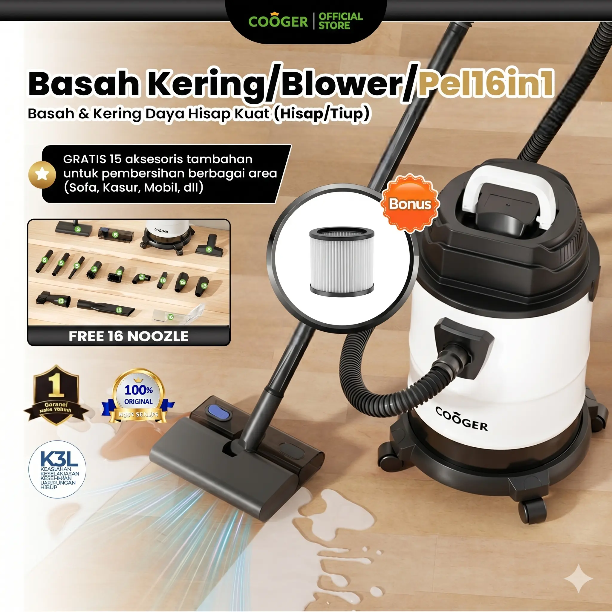 [BUY 1 GET 2] freemirxCOOGER Vacuum Cleaner 19000PA Vacuum Wet And Dry Ember Hisap & Tiup 18L with Gelas Kopi Gratis Waktu Terbatas– Set 16 Pcs Upgrade Terbaru 2026 Multifungsi untuk Musim Hujan Rumah Tangga Mobil Boneka Karpet & Pembersihan Komputer