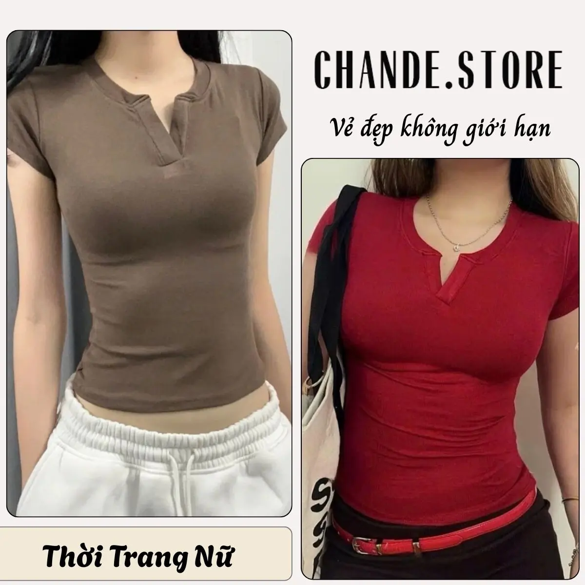 Combo 2 áo thun cổ tàu chữ V dáng ôm body phong cách basic dễ phối đồ AC03 CHANDE STORE
