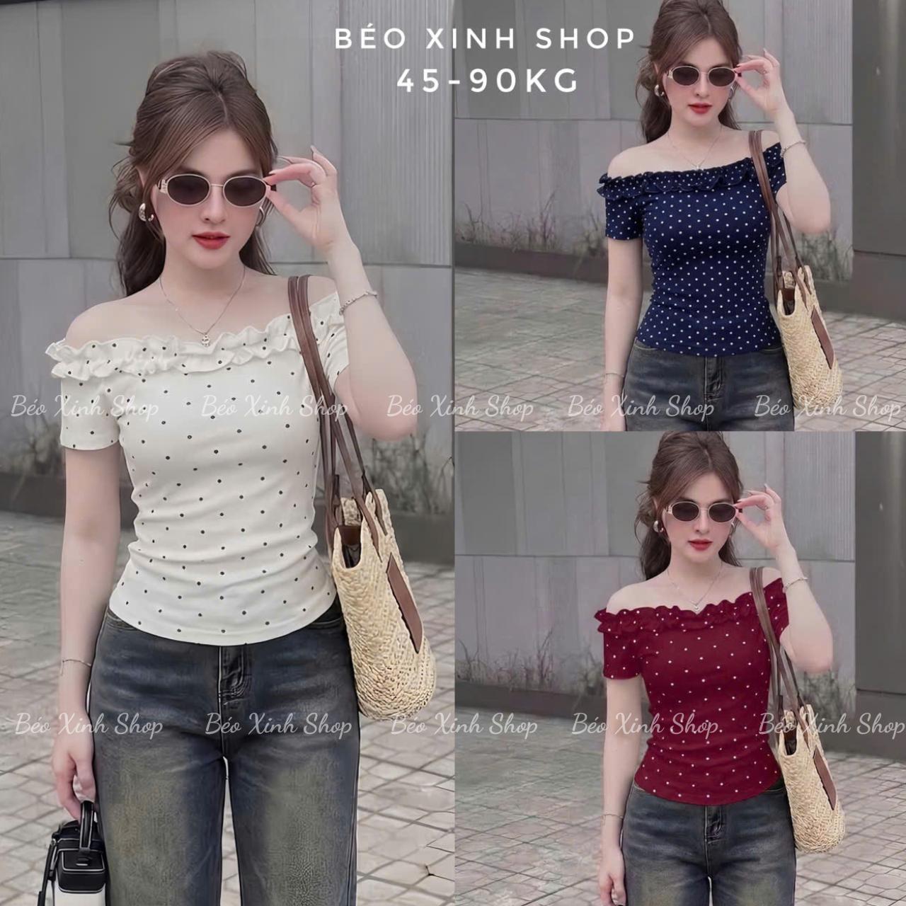 Áo Thun Nữ Trễ Vai Phối Chấm Bi (Chất Borit Chấm Bi Cotton Cao Cấp) Trẻ Trung Cho Nữ 45–90kg Béo Xinh Shop - B.1786