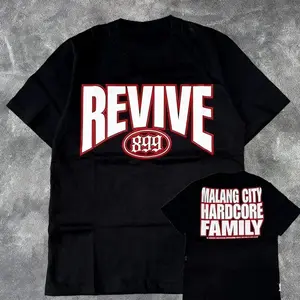 Kaos T-shirt Motif Teks "REVIVE & Malang City Hardcore Family" - Desain Keren Bahan Katun Lembut, Model Standar Cocok Pria Wanita, Warna Hitam & Putizanygtbvdc