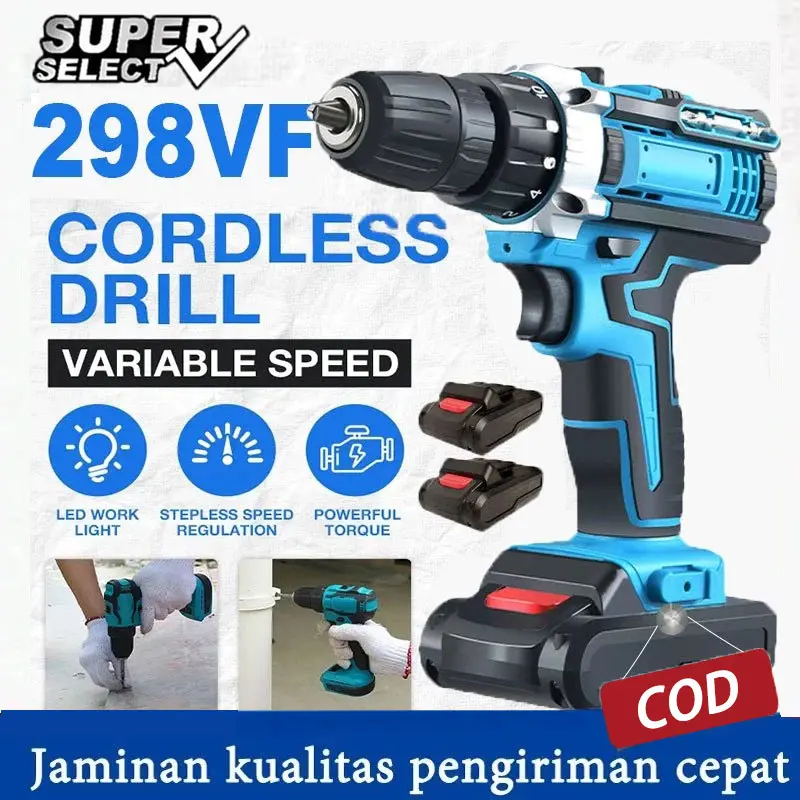298VF Mesin Bor Impact Drill bor listrik Bor baterai Cordless Drill Bor Listrik Set Bor lengkap mesin Rechargeable Torsi Besar besi tembok Beton Kayu Baut Variable Speed LED Light