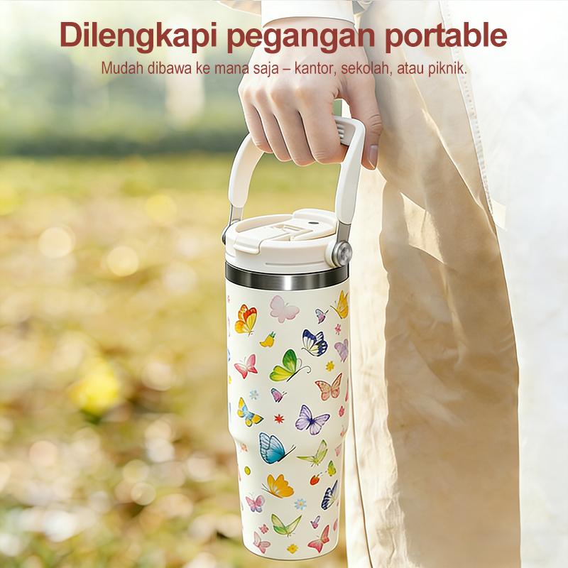 CucuLemon Tumbler Stainless Vacuum 890ML Botol Minum Besar Termos Anti Kebocoran Desain Kupu-Kupu Cantik & Merah Muda Pita