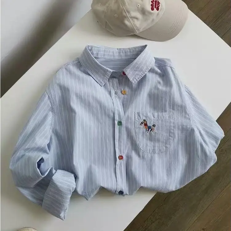 Áo Sơ Mi Nữ Dáng Rộng Thêu Dài Tay, Sọc Xanh, Bộ Sưu Tập Mùa Xuân, Hàng Đầu, 250329