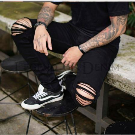 Product Introduction of Celana Jeans Pria Handmad Bandung dengan Gaya Sobek Lutut yang Stylish Ripped Panjang Slimfit Tebal Skinny Hitam Stretch Pensil Denim Hitam celana Pendek Dewasa Distro 2