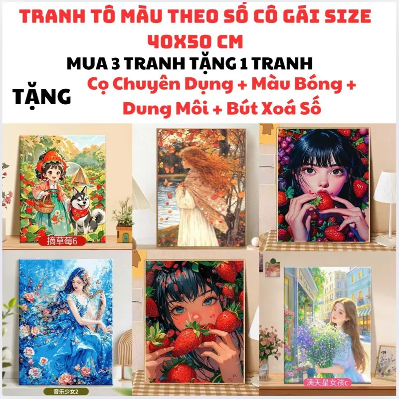 < Tranh DIY 40x50cm > TỔNG HỢP những mẫu tranh tô màu theo số CÔ GÁI đã căng khung, đầy đủ cọ vẽ, màu vẽ, móc treo tranh, TẶNG  màu bóng, cọ chuyên dụng, bút xóa số, dung môi Vẽ Tranh Diy 0
