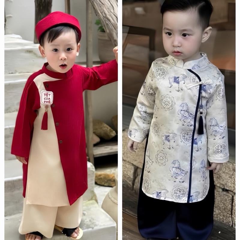  Kho Sỉ Mẹ Gạo  Mẹ CHỌN ĐÚNG SAI FORM TO Bộ Áo Dài Cách Tân Tết Thanh Mã 2026 Cho Bé Trai Màu Trắng In Full Hình Tết Con Ngựa Size 8-30kg Chất Liệu Nhung Chéo.aodaitet aodaicachtan 