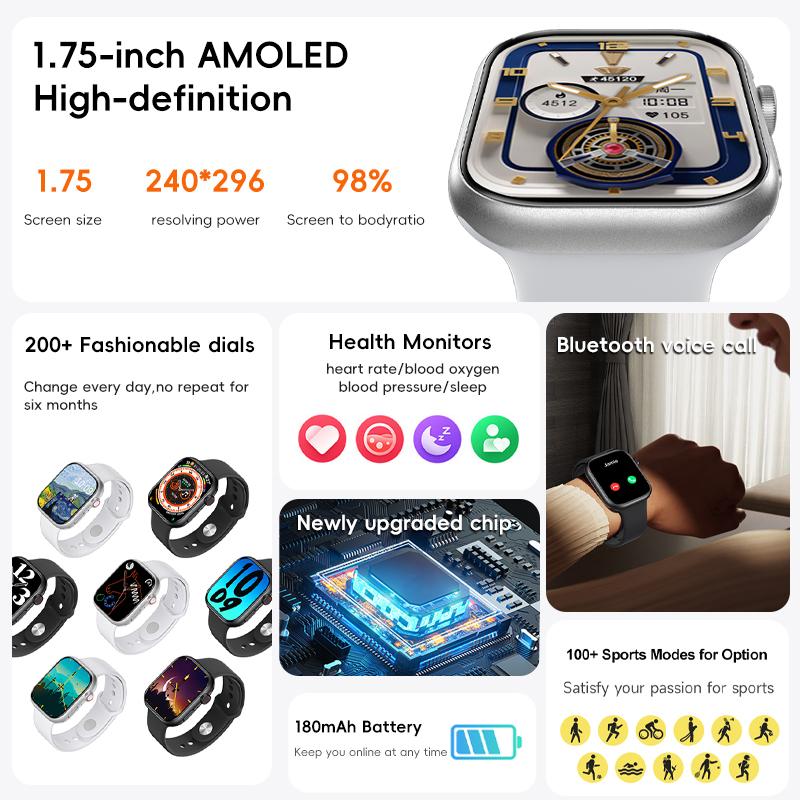 Leemix S10 Mini Smartwatch 1.75" AMOLED - Slim - BT Calling - Sport Mode & Health  Monitoring - Rich Application