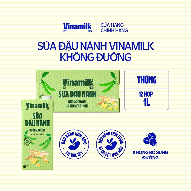 Thùng 12 Hộp Sữa đậu nành Vinamilk không đường 1L (Hộp giấy)