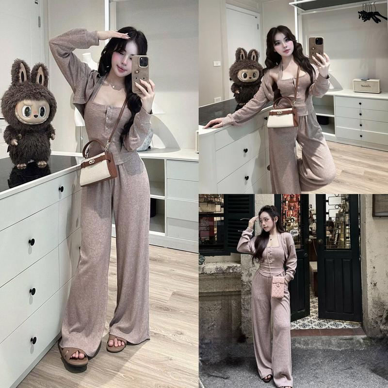 Set 3 Món Len Nống Tăm Áo Khoác Ngoài Dài Tay Quần Ống Suông Màu Xinh Đồ Bộ Nữ Top TTN585