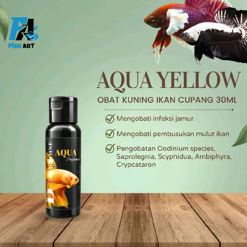 Fish Art • Obat Kuning Aqua Yellow 30ml Untuk Pengobatan Infeksi Jamur, Pembusukan Mulut Pada Ikan Cupang