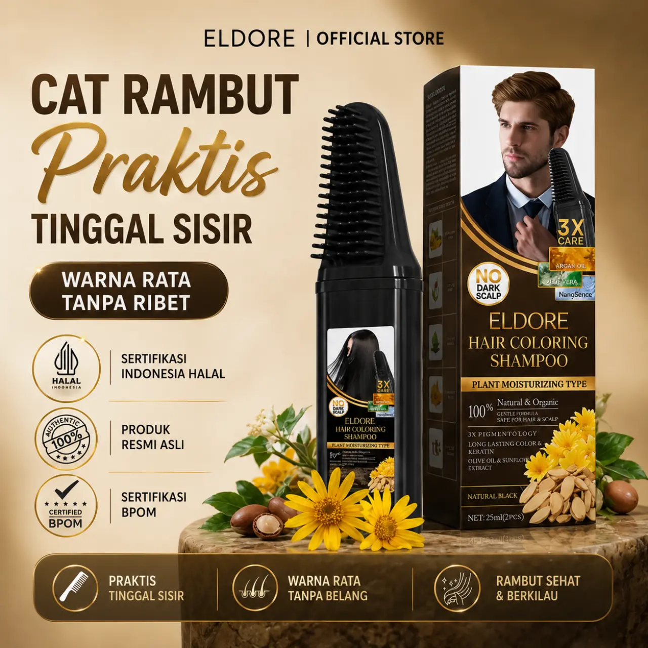 ELDORE BEAUTY Pewarna Rambut Shampoo Sisir 250ml - Hair Coloring Cream Alami Dark Brown & Light Brown & Black BPOM NKIT260000205/204/203
