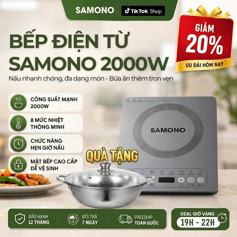 Bếp Điện Từ Cảm Ứng Samono Tặng Nồi Lẩu Inox WS-02, BKE51002 Công Suất 2000W Có Chức Năng Hẹn Giờ, 6 chức năng nấu Tiết Kiệm Điện