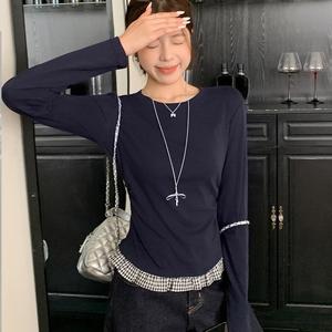 Elegant Women's Long Sleeve Top, Bow Tie Design, Plaid Patchwork Hem, Fall Fashion Essential, Versatile Daily Wear 3780# Womenswear Lingerie Basic Casual Crewneck Fitted Minimalist Shirts Blouse