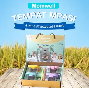 Momwell 6 in 1 Set Tempat Mpasi Kaca Hampers Baby Gift Set Wadah Mpasi Kaca Kado Lahiran Bayi + Sendok Mpasi Silicon Bayi Biru Kuning